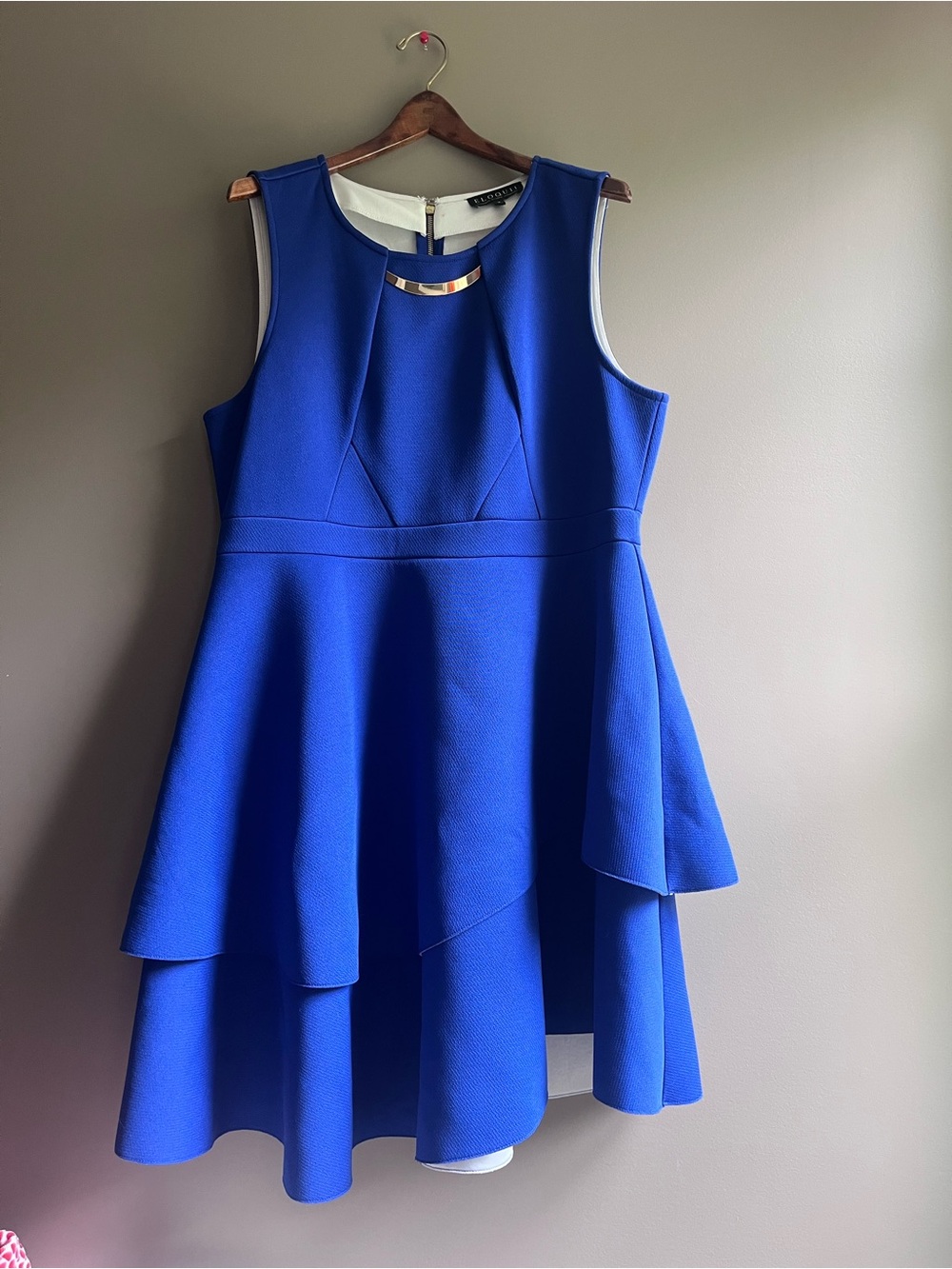 Eloquii Cobalt Blue One-Shoulder Tiered Dress with Gold Neck Bar